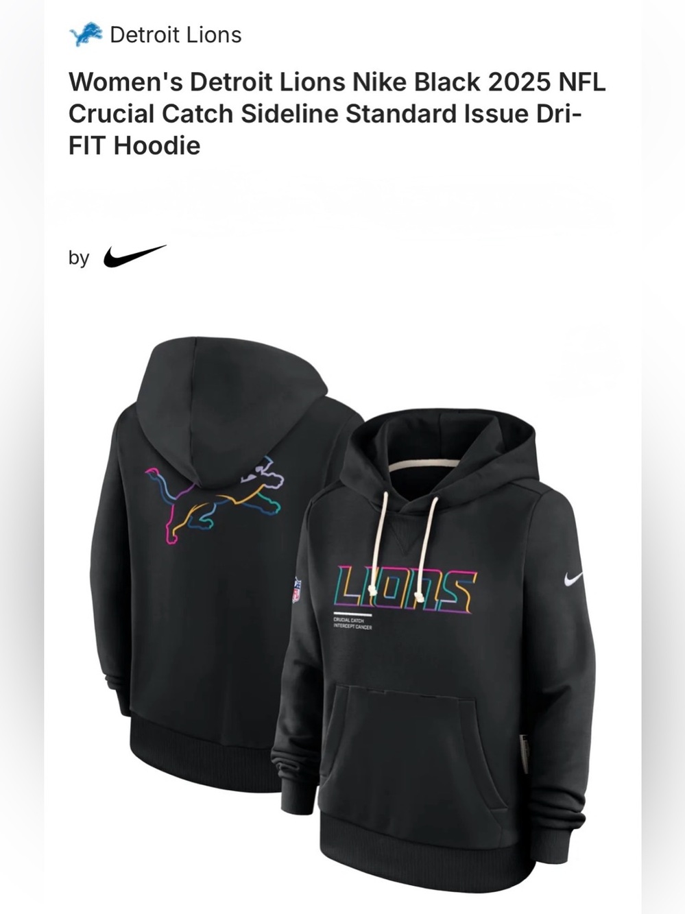 Nike Detroit Lions Dri-FIT Hoodie Women’s NFL Crucial Catch Sideline | XS-XL